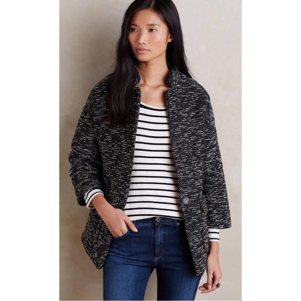 ANTHROPOLOGIE | Elevenses Minka Marled Tweed 3/4 Sleeve Coat in Black Motif, XS